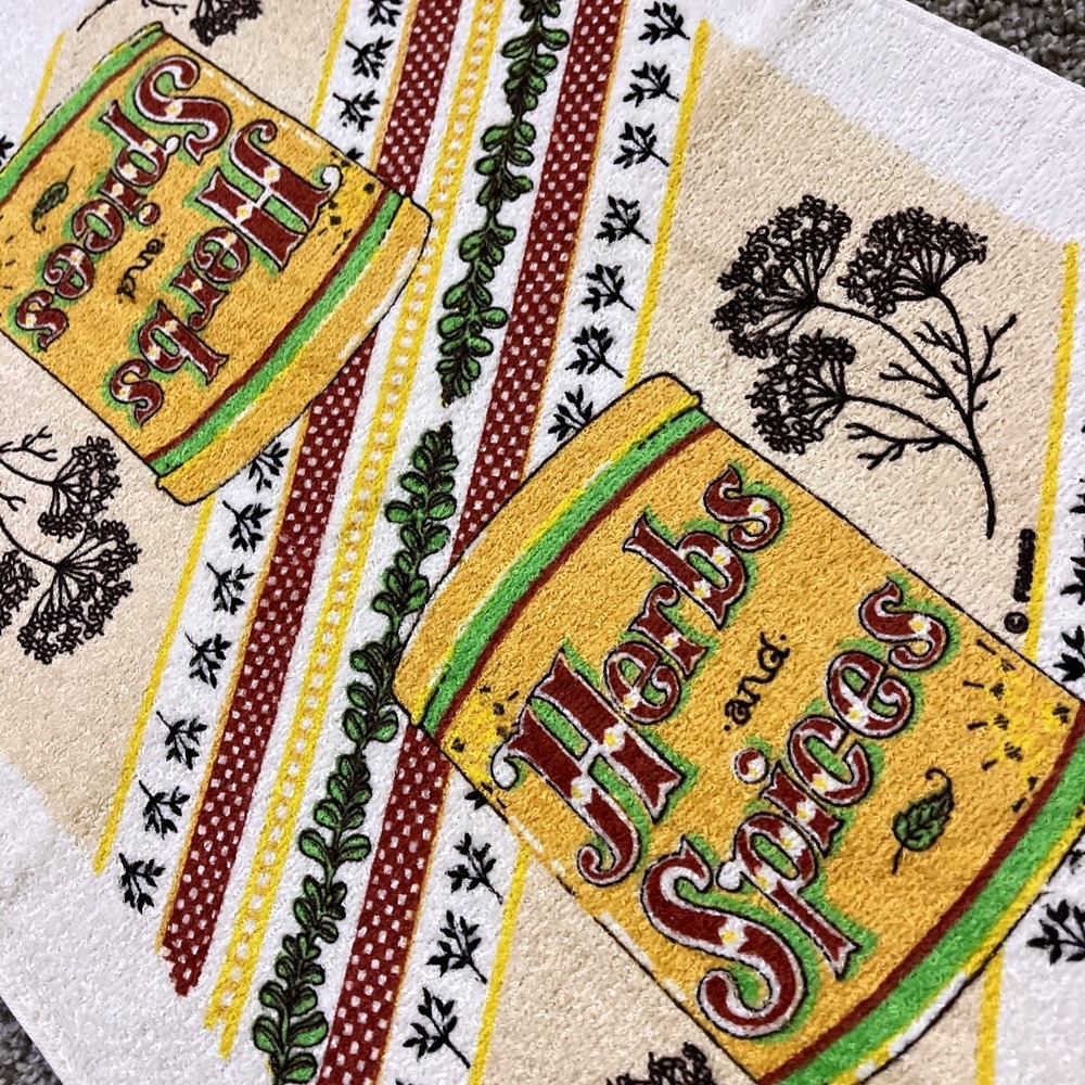 VTG CANNON Hand Kitchen Towel Fringe 70s NOS Herbs & Spices Yellow Green Basil